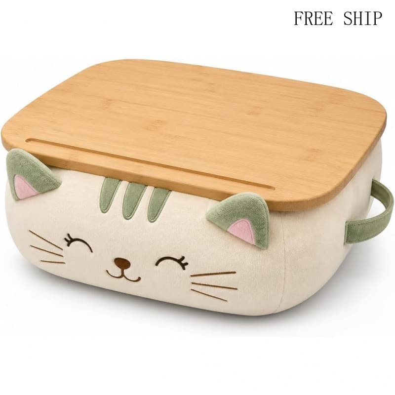 Mesa de Colo Juju com Base Acolchoada em Forma de Gato – Bandeja Superior de Bambu com Ranhura para Lápis – Suporte Port