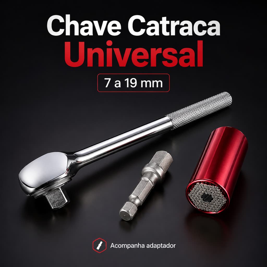Chave Catraca Universal 7 a 19mm 1/4 - 3/4  com Soquete Ajustável e Adaptador Parafusadeira Porca Espanada