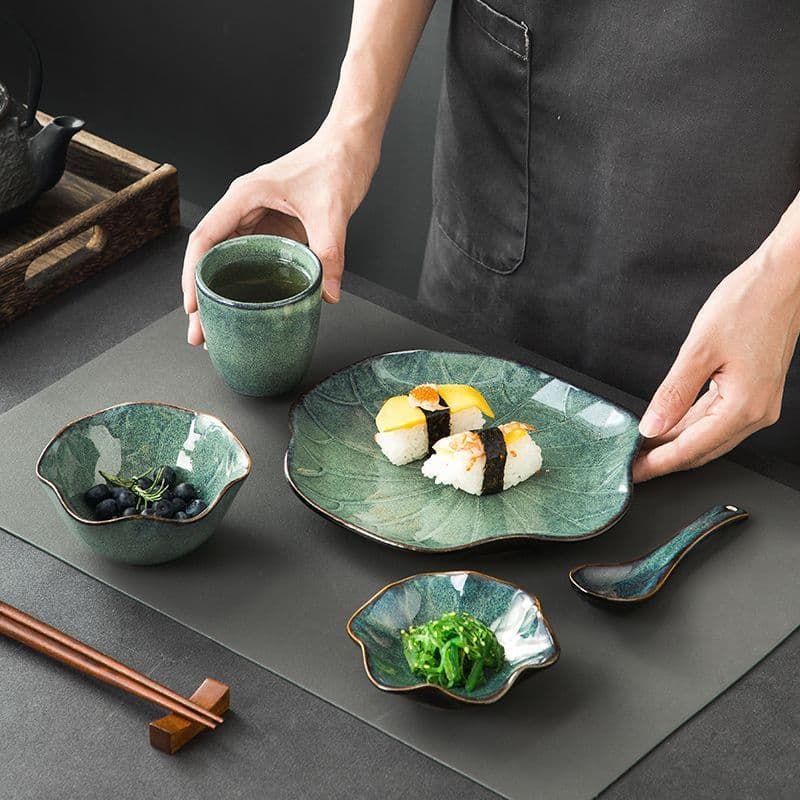 Estilo japonês folha de lótus Hotel conjunto mesa Retro forno para uma pessoa comida talheres prato conjunto único resta