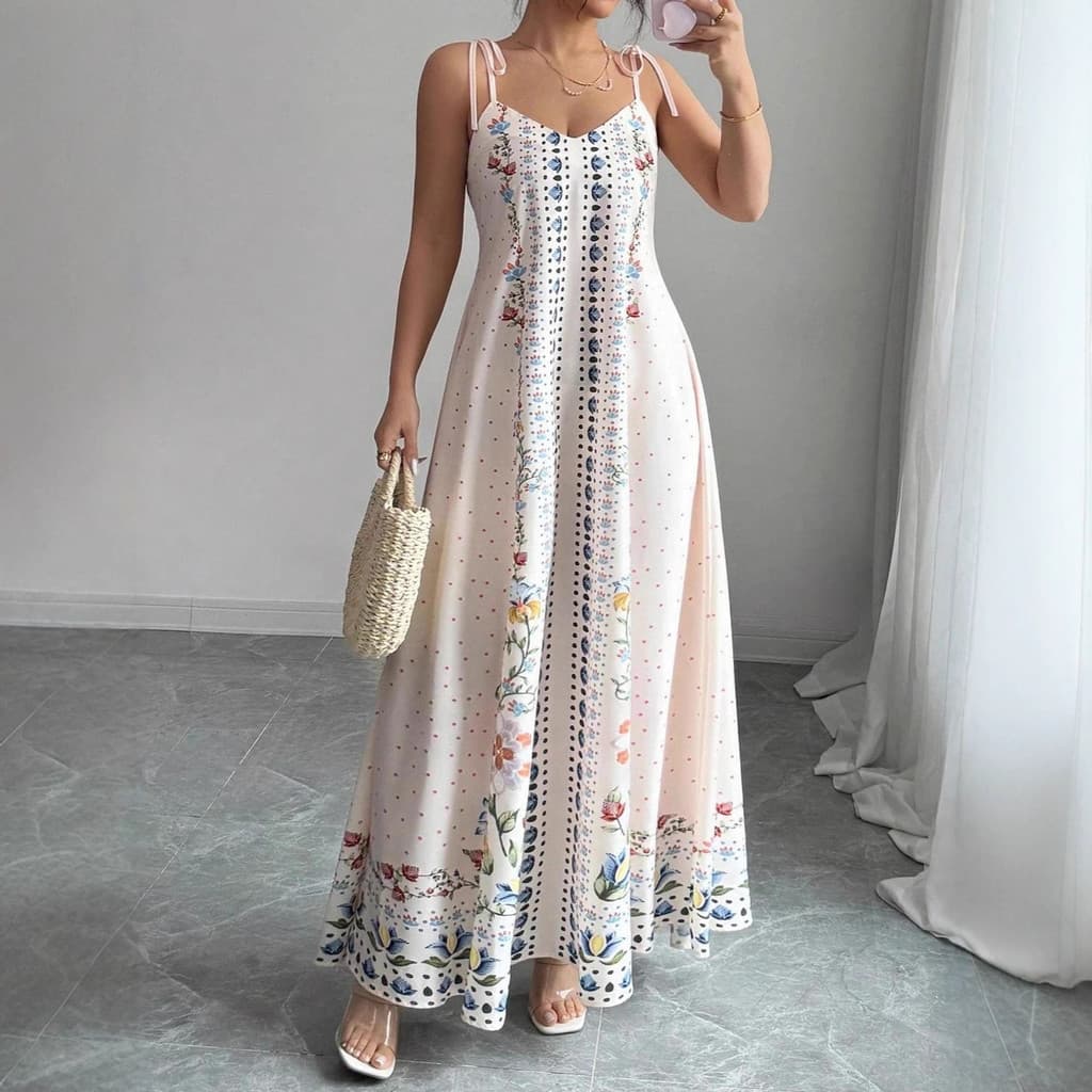 Pronto estoque Transporte rápido elegante lindo padrão de flor com alça fina sem mangas vestido Fashion feminino