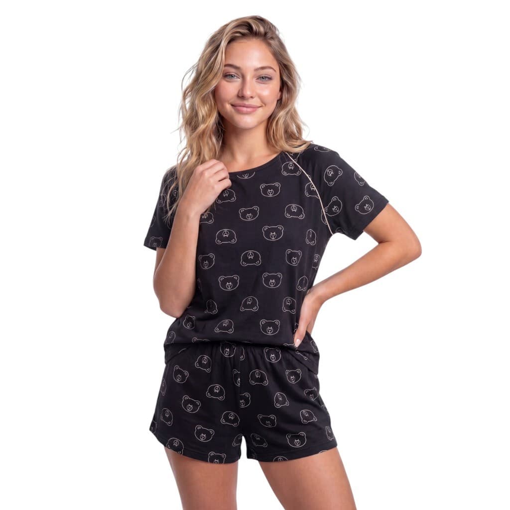 Pijama Conjunto Feminino Blusa Manga Raglan e Short Malha Macia Adulto G GG M Leve Macio Confortavel