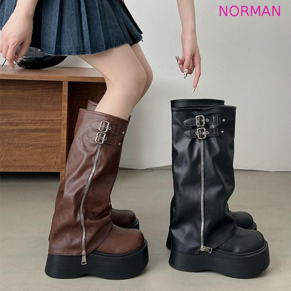 Botas Femininas NORMAN Até O Joelho , De Motociclista Com Fivela De Cinto Punk Y2K Cano Longo Casuais Plataforma