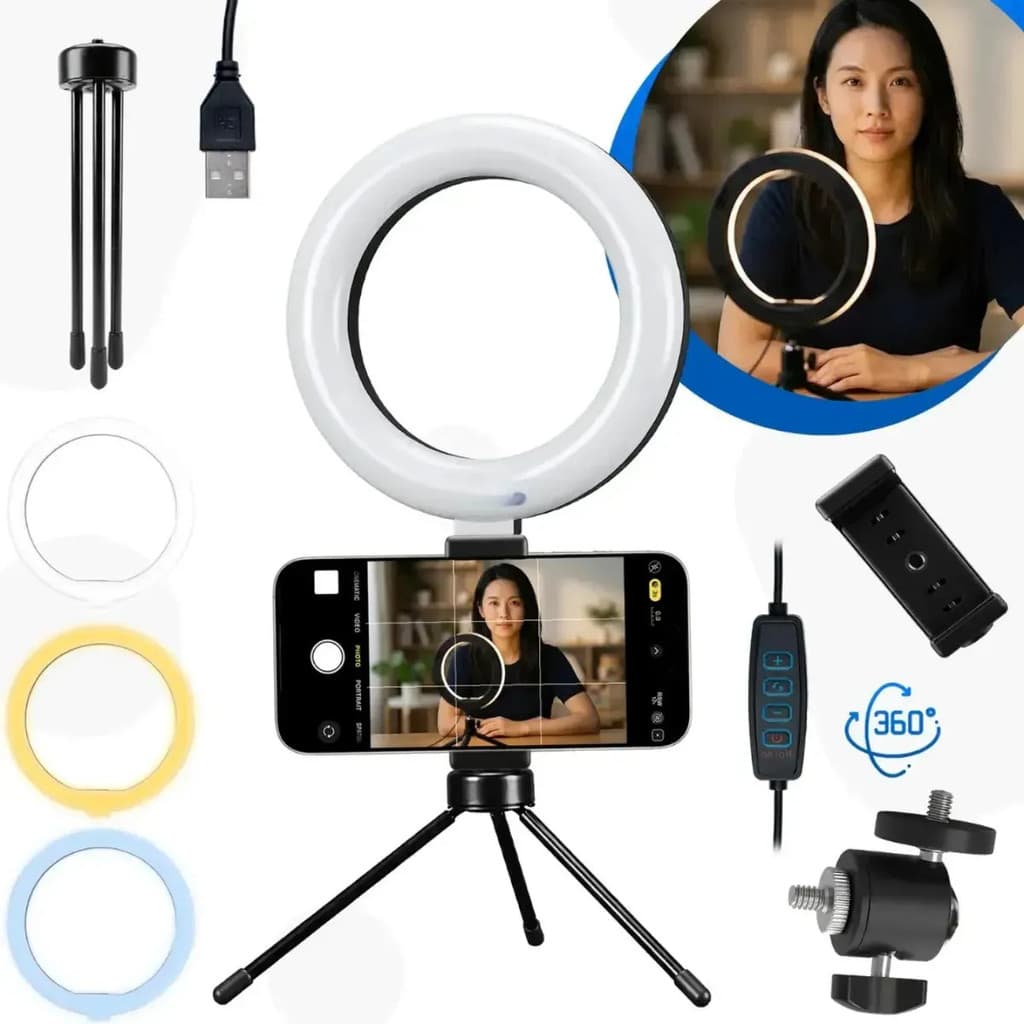 Ring Light Fill Light 6 Polegadas LED Tripé Preto Luz 3 Cores Dimmer USB