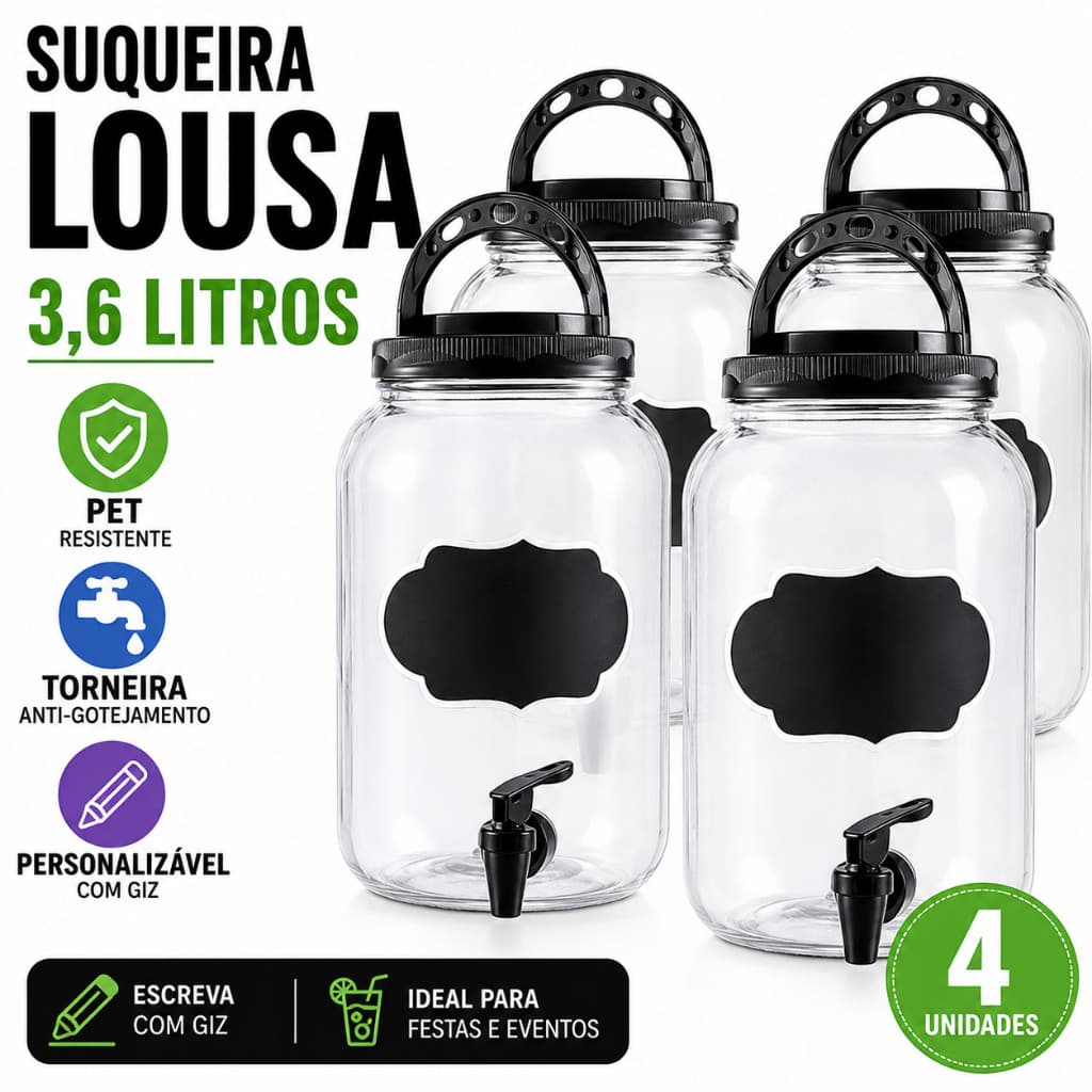 Suqueira Com Lousa Para Escrever 3,6L Com Torneira Para Água Refrescos Drinks Casa Eventos Festa