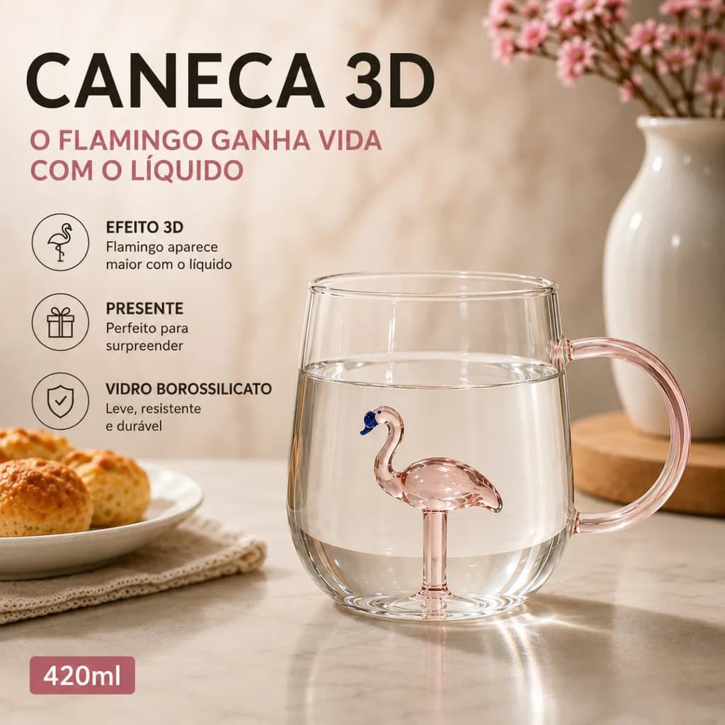 Caneca Flamingo 3d Vidro Delicado Borossicato 420ml Presente