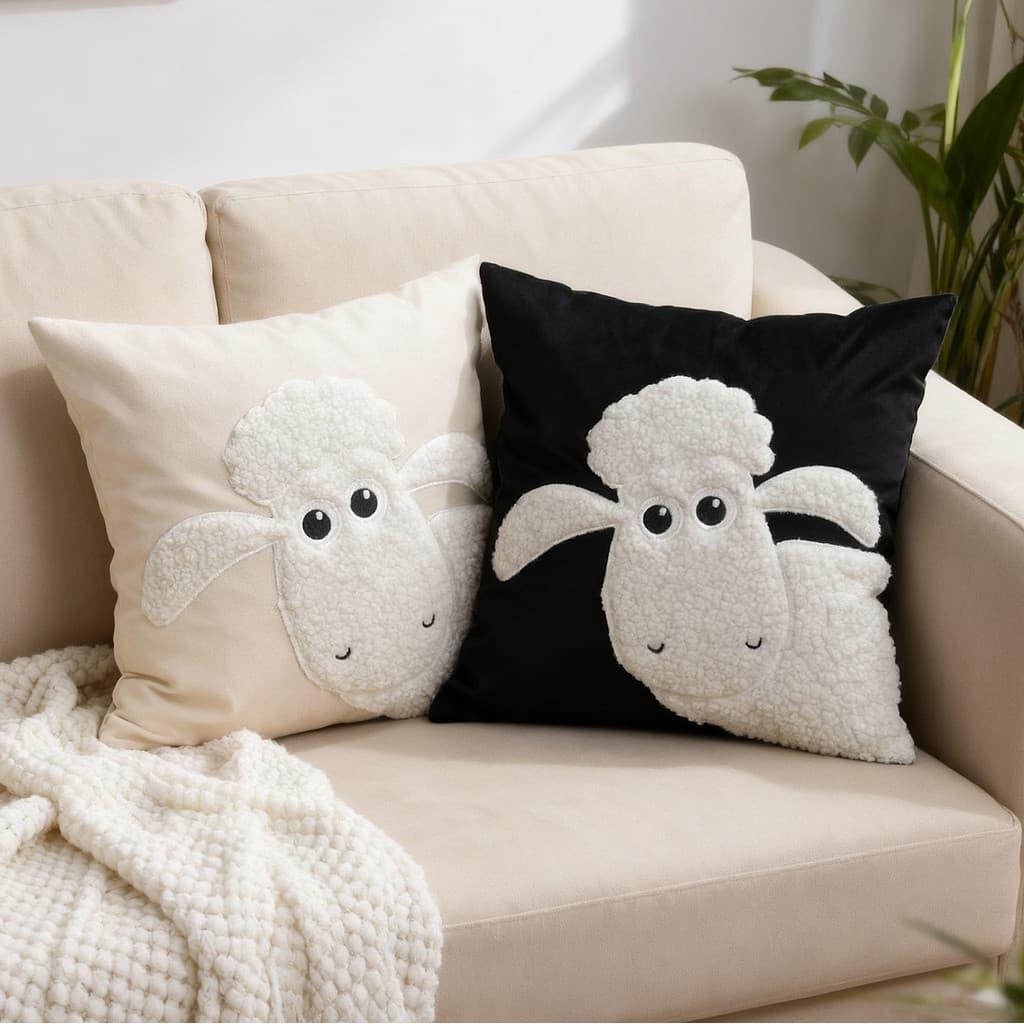 Almofada Decorativa Bordada com Padrão de Cordeiro em Estilo Cartoon, Preto e Branco, Tema Eid Al-Adha do Oriente Médio,