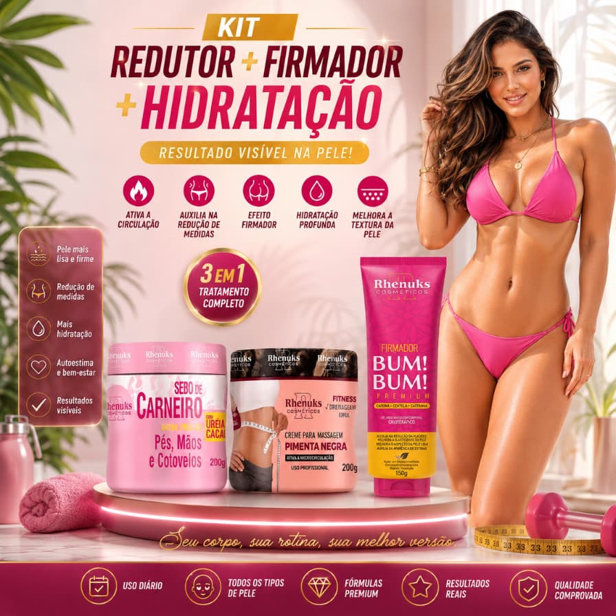 Kit com Sebo de Carneiro + Creme para Massagem Pimenta Negra + Firmador Bum Bum - Rhenuks