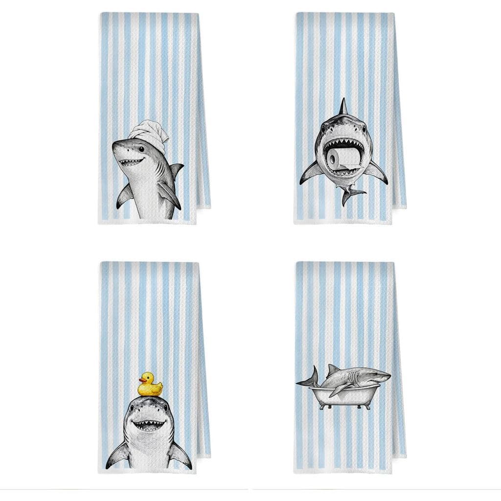 Conjunto de Decoração de Banheiro com Tubarões Engraçados - Toalhas de Mão Decorativas em Waffle com Tema de Animais Sel