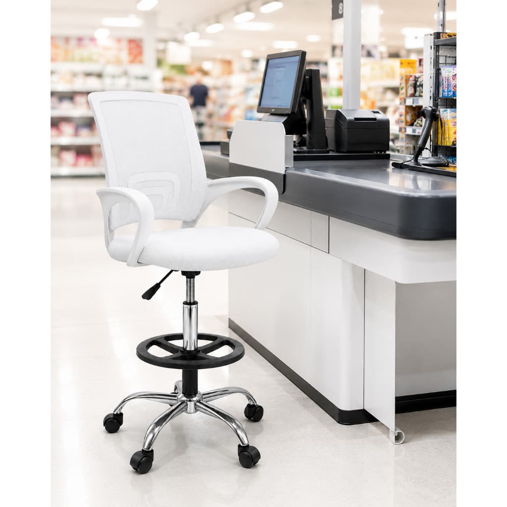 Cadeira caixa supermercado balcão Checkout Nr17 ergonômica tela mesch respirável Alta Branca