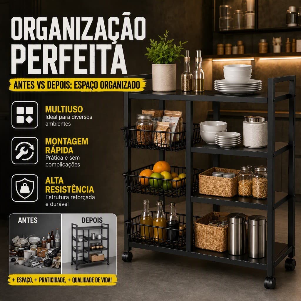 Prateleira Multifuncional Para Cozinha Com Cestos e Ganchos, Carrinho Organizador Com Rodas Giratórias