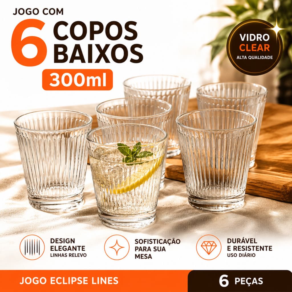 Jogo 6 Copos Baixos De Vidro Lapidado 300ml Luxo Elegância Para Água Sucos Refrigerantes