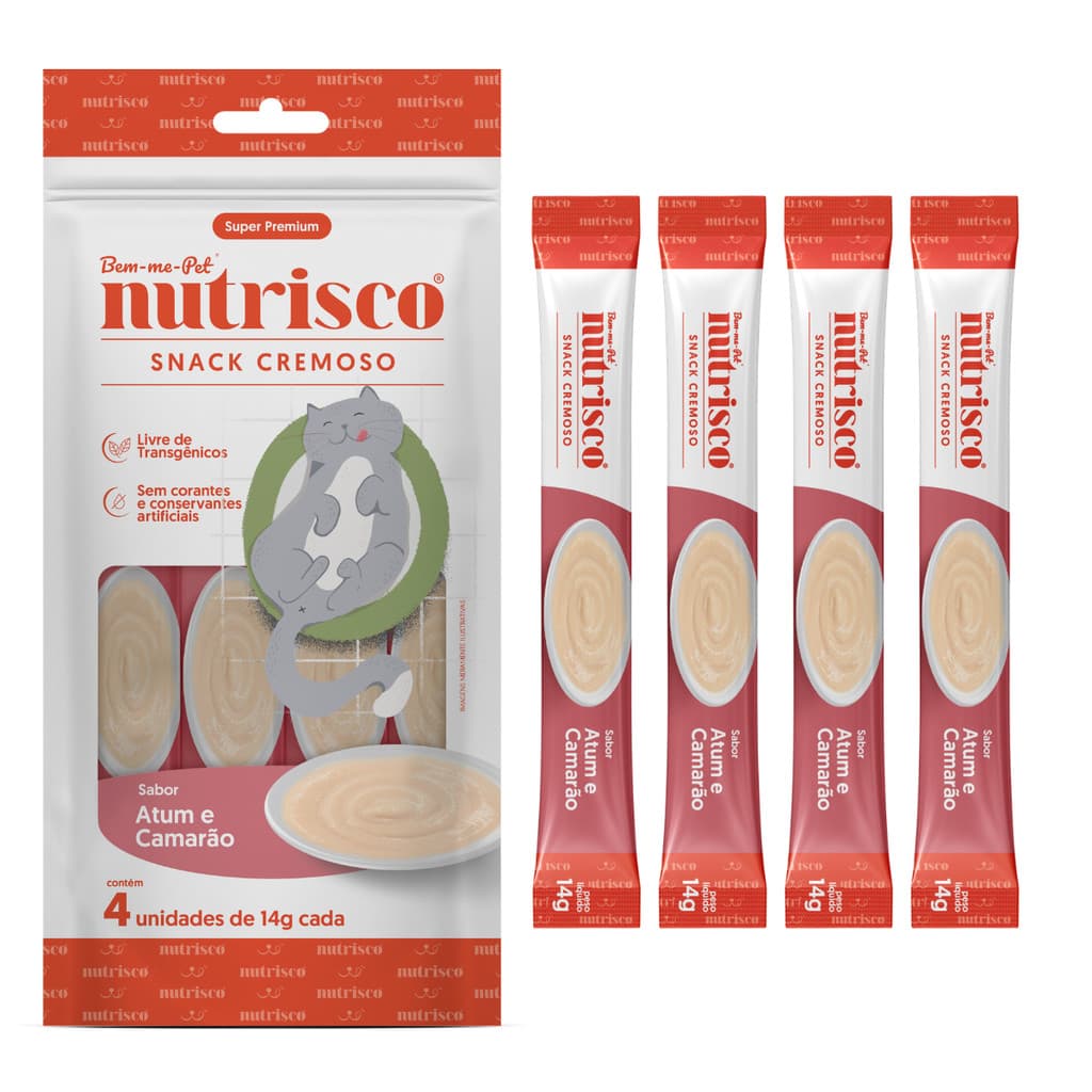 Kit Nutrisco Petisco Cremoso para Gatos sabor Atum e Camarão C/ 4 tubos de 14g cada igual churu