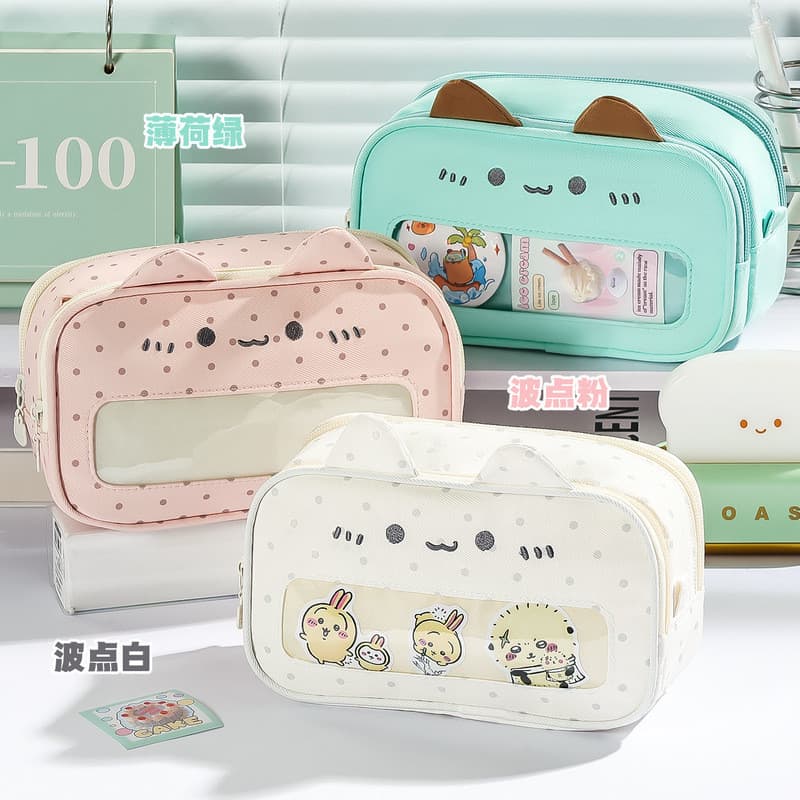 Estoque pronto Bolsa de dor de gatinho de hortelã fofa estojo de lápis tridimensional transparente visível grande capaci
