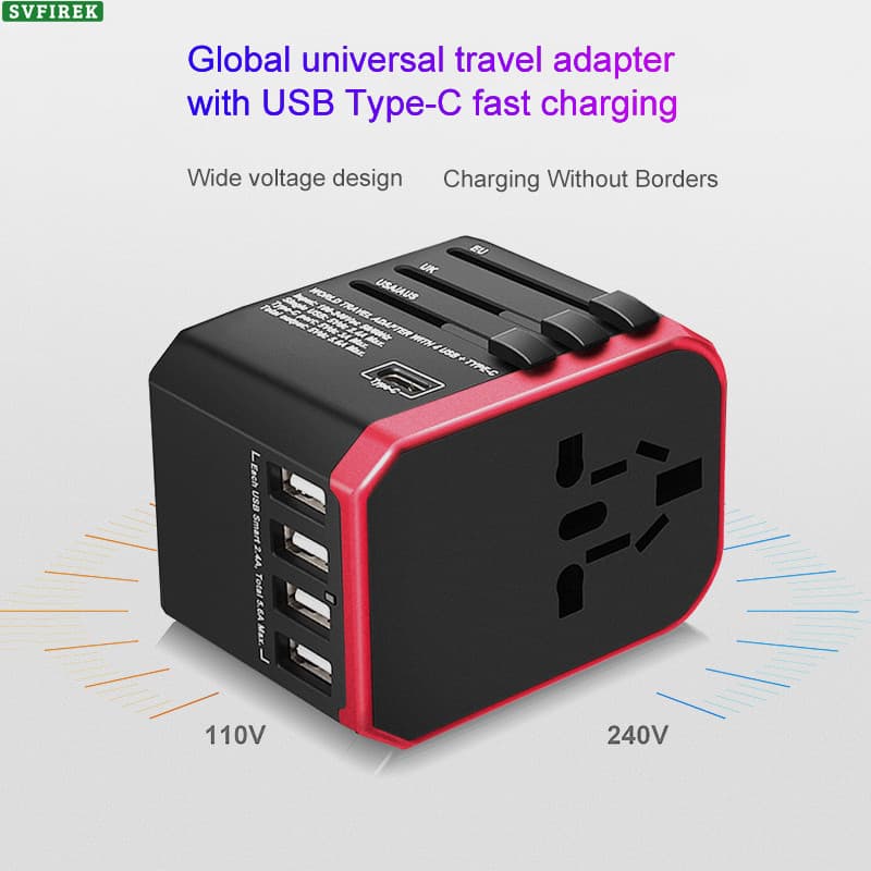 Plugue Adaptador De Viagem Universal Global 4 USB Type C Porta De Carregamento Rápido Retardador De Chamas Material De P