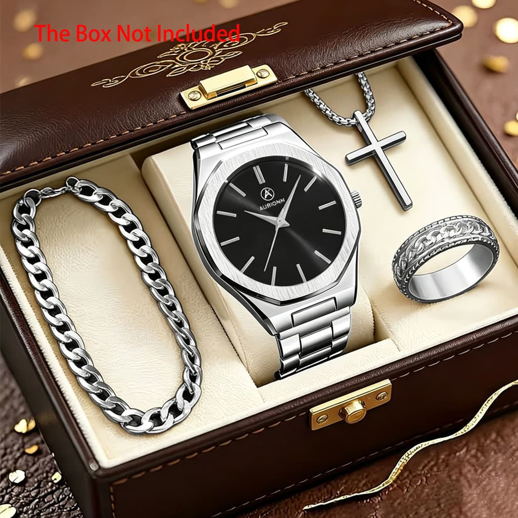 Moda 4 Pcs Conjuntos De Relógio Masculino Simples De Quartzo De Aço Inoxidável Colar Grátis Pulseira Anéis