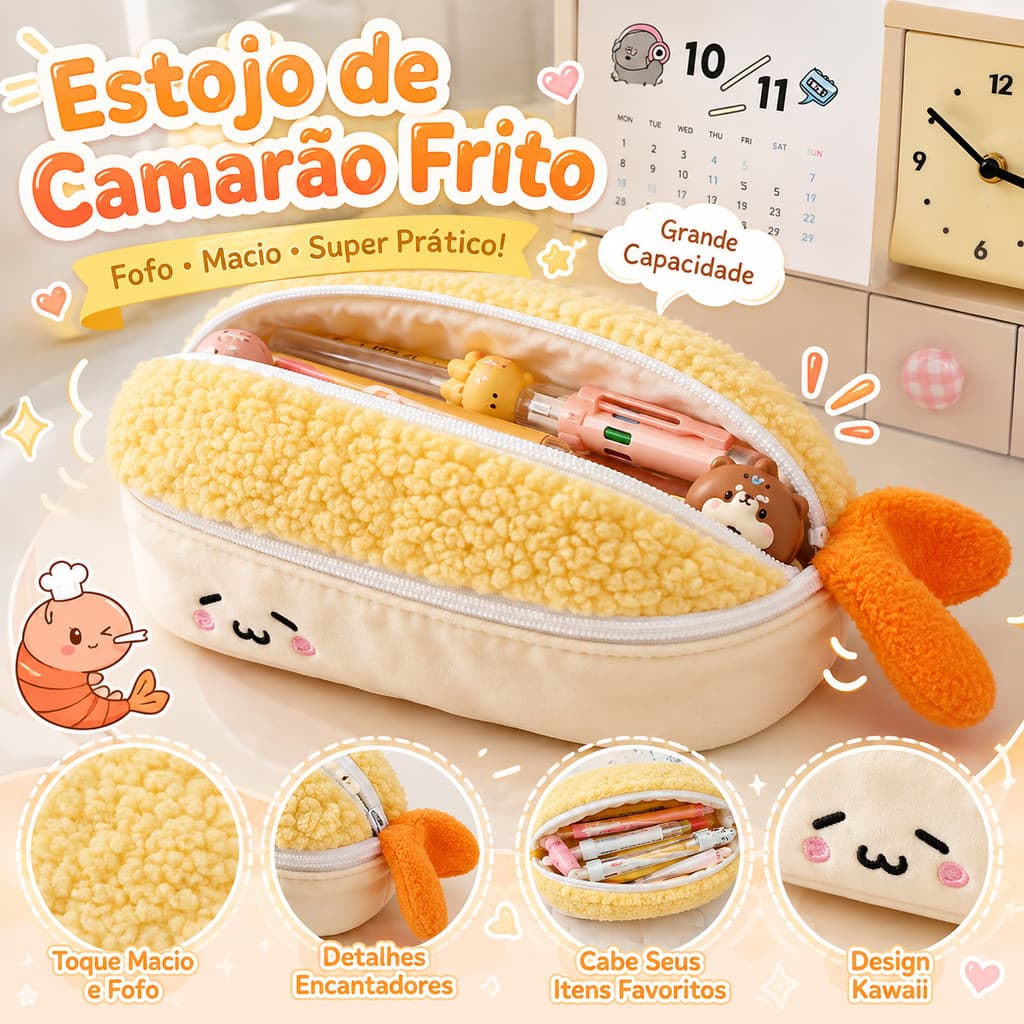 Estojo Kawaii de Pelúcia Formato Camarão Frito Fofo para Lápis Canetas Material Escolar e Papelaria