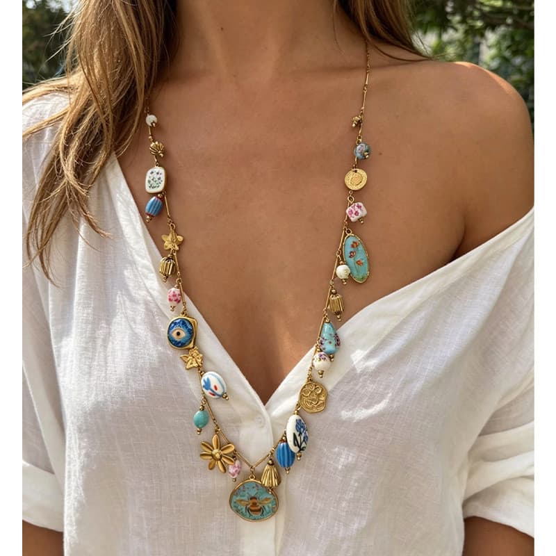 Único na moda esmalte inseto cerâmica mar azul série Multi-pingente estilo longo colar feminino