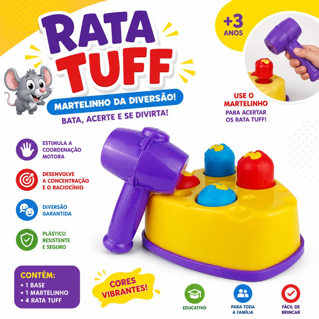 BRINQUEDO RATA TUFF MARTELINHO DIVERSÃO - CRIANÇAS- DIVERTIDO, CORES, EDUCATIVO