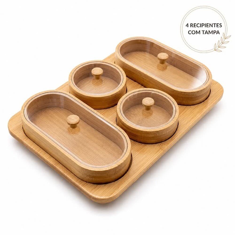 Conjunto Petisqueiras de Bambu Potes com Tampa e Bandeja