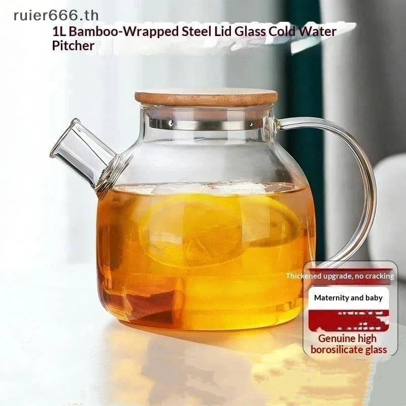 Bule De Vidro ruier 1L Com Tampa De Bambu Jarra Transparente Resistente Ao Calor Para Bebidas Frias E Quentes Uso Em Coz
