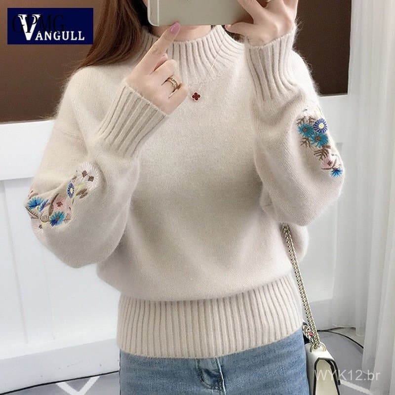 Suéter Feminino de Tricô com Bordado Floral, Pulôver Grosso, Suéter de Gola Alta de Manga Longa para Outono Inverno 202