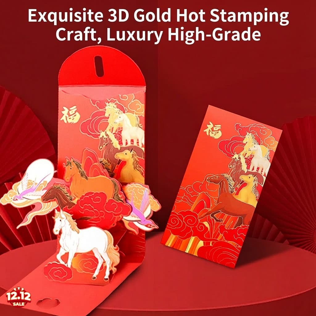 Envelope Vermelho De Desenho Animado 3D Do Ano Cavalo 2026-Bolsa Dobrável Personalizada Deus Da Riqueza Para O Festival