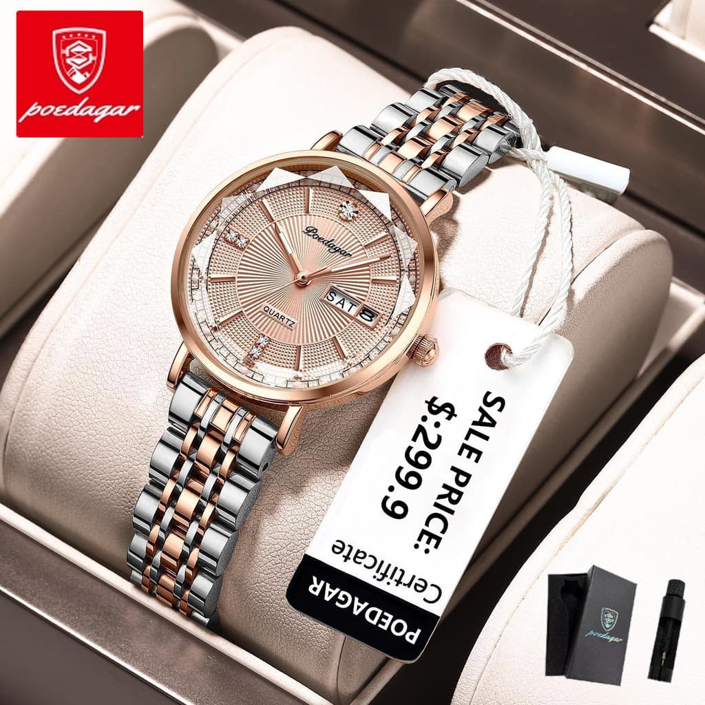 Relógio POEDAGAR Elegante com Movimento de Quartzo, Ouro Rosé, Marca de Luxo para Mulheres, Resistente a Choques BT5N
