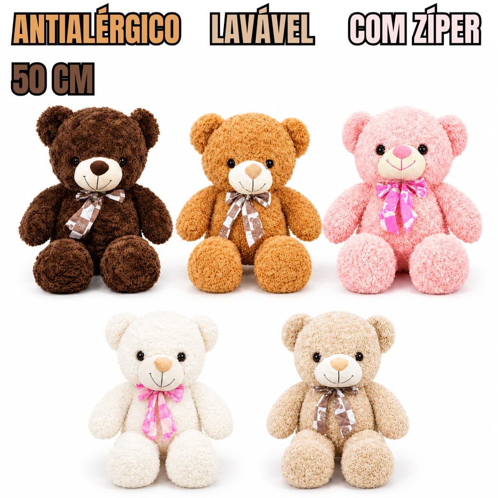 Urso Pelúcia com Laço 50cm Antialérgico Lavável