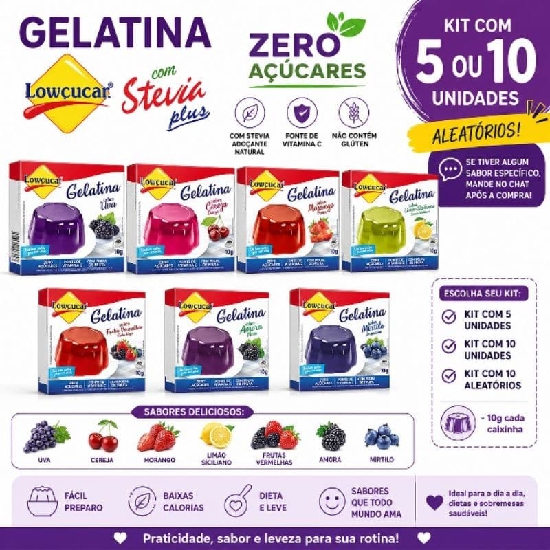 Gelatina Zero Açúcar Lowcucar com Stevia 10g Kit 5 ou 10 Unidades