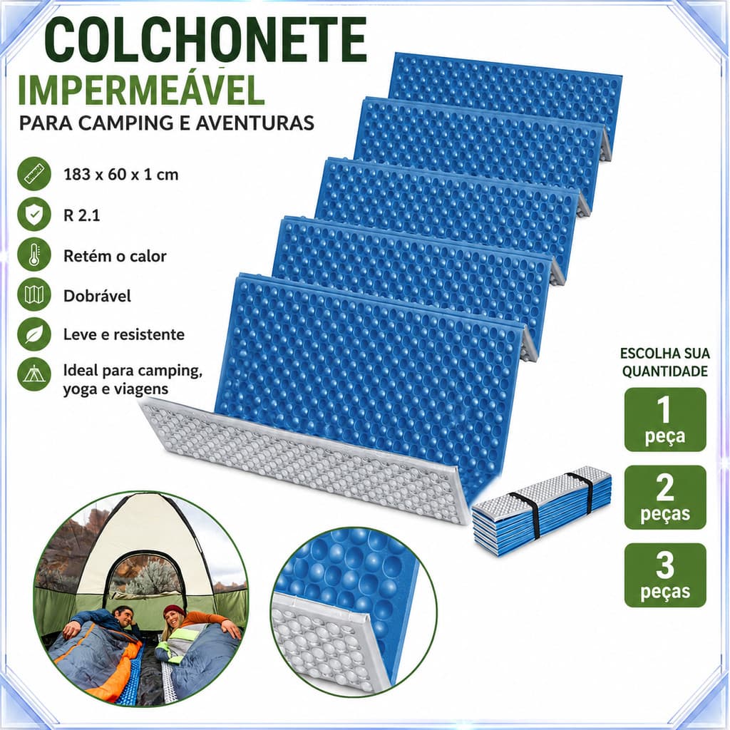 Colchonete Isolante Ovo 183×60cm Alumínio, Estepe Camping Leve 350g Dobrável