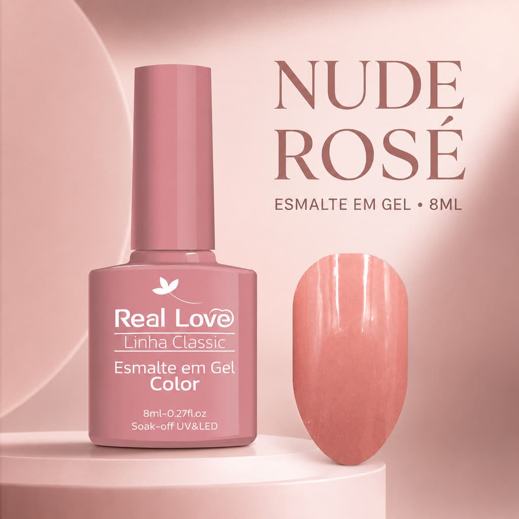 Esmalte em Gel Real Love Nude Rosé 8ml Linha Classic Pincel Língua de Gato