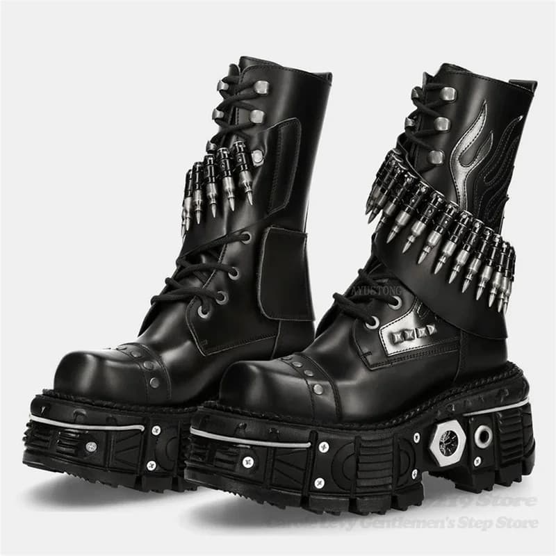 2026 Novas Botas de Motociclista Masculinas com Plataforma e Detalhes de Rebites, Bico Redondo, Estilo Punk Rock, Cadarç
