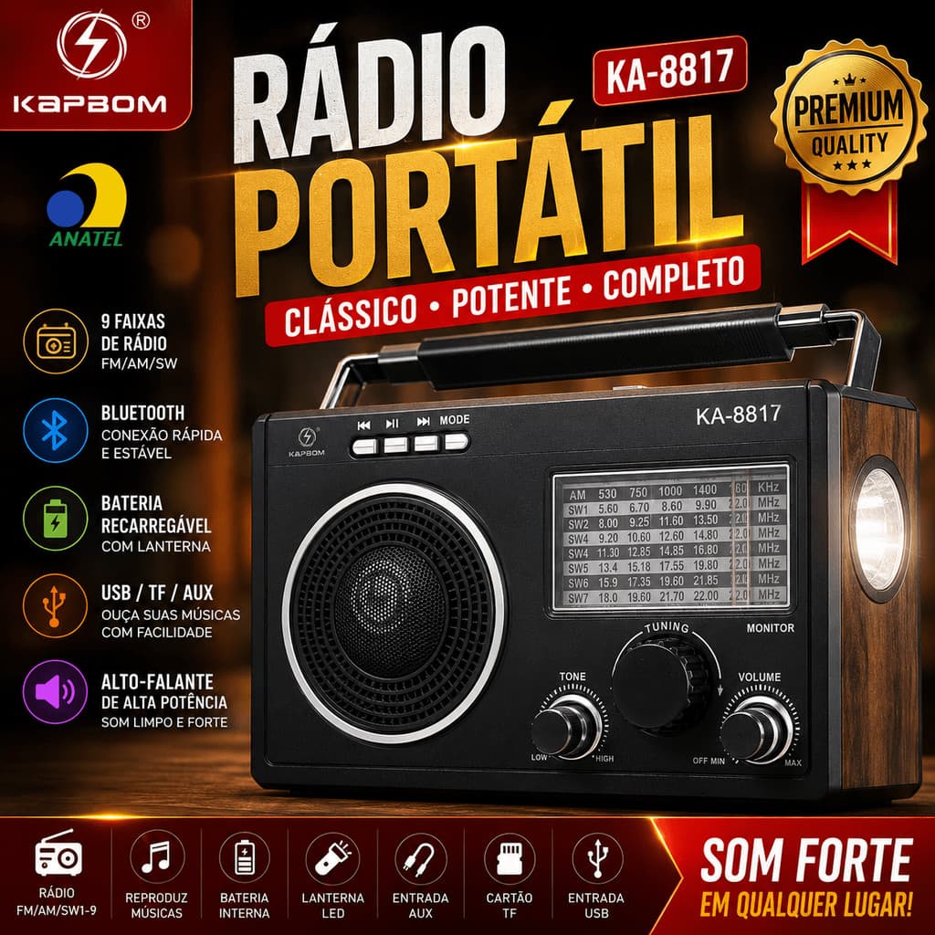 Rádio Portátil FM / AM / SW com Bluetooth e Entrada TF
