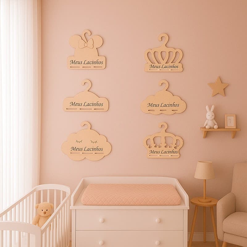 Kit 5 Cabides Porta Laço Faixa Bebê em MDF Quarto Infantil Decoração Minimalista