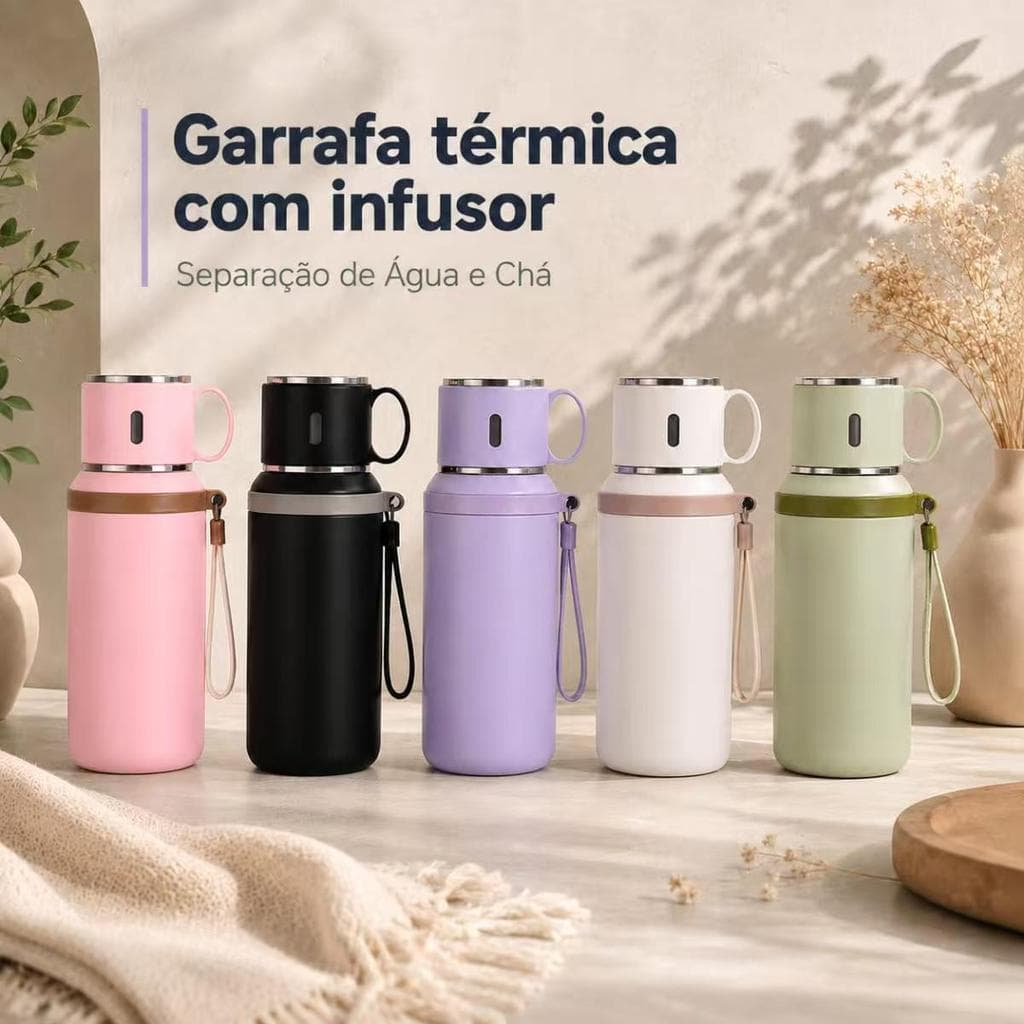 Garrafa Térmica 600ml Inox SUS 316 2 em 1 com Copo Filtro para Chá Portátil com Alça Antivazamento