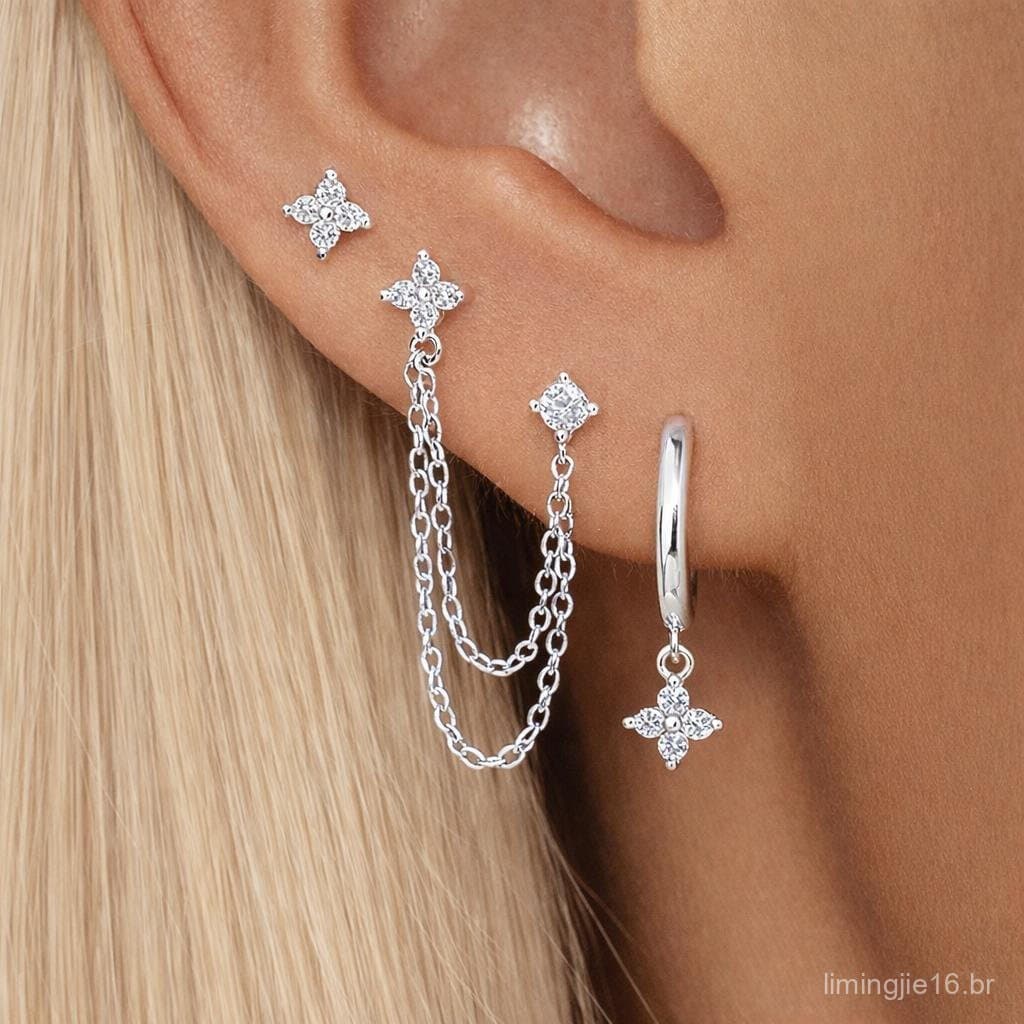 Kit 3 brincos femininos requintados, com design em forma de flor, cravejados com zircônias cúbicas banhado a prata 925