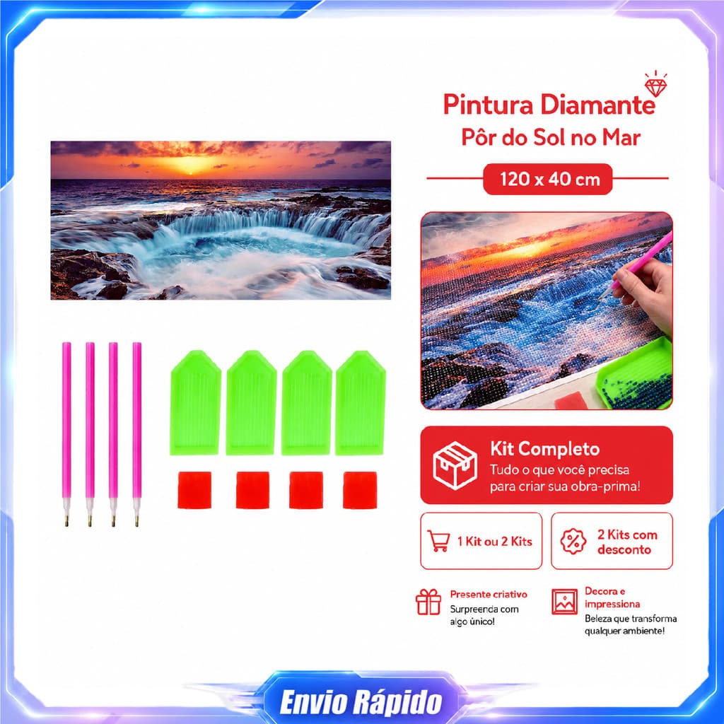 Kit pintura diamante DIY pôr do sol na praia tamanho 120x40cm com tela canetas bandejas e massas adesivas completos