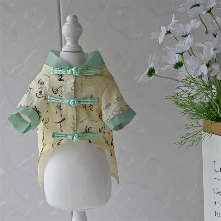 Roupas para cães de estimação gato Tang terno camisa estilo chinês caligrafia Hanfu Teddy Bichon pequeno cão primavera v