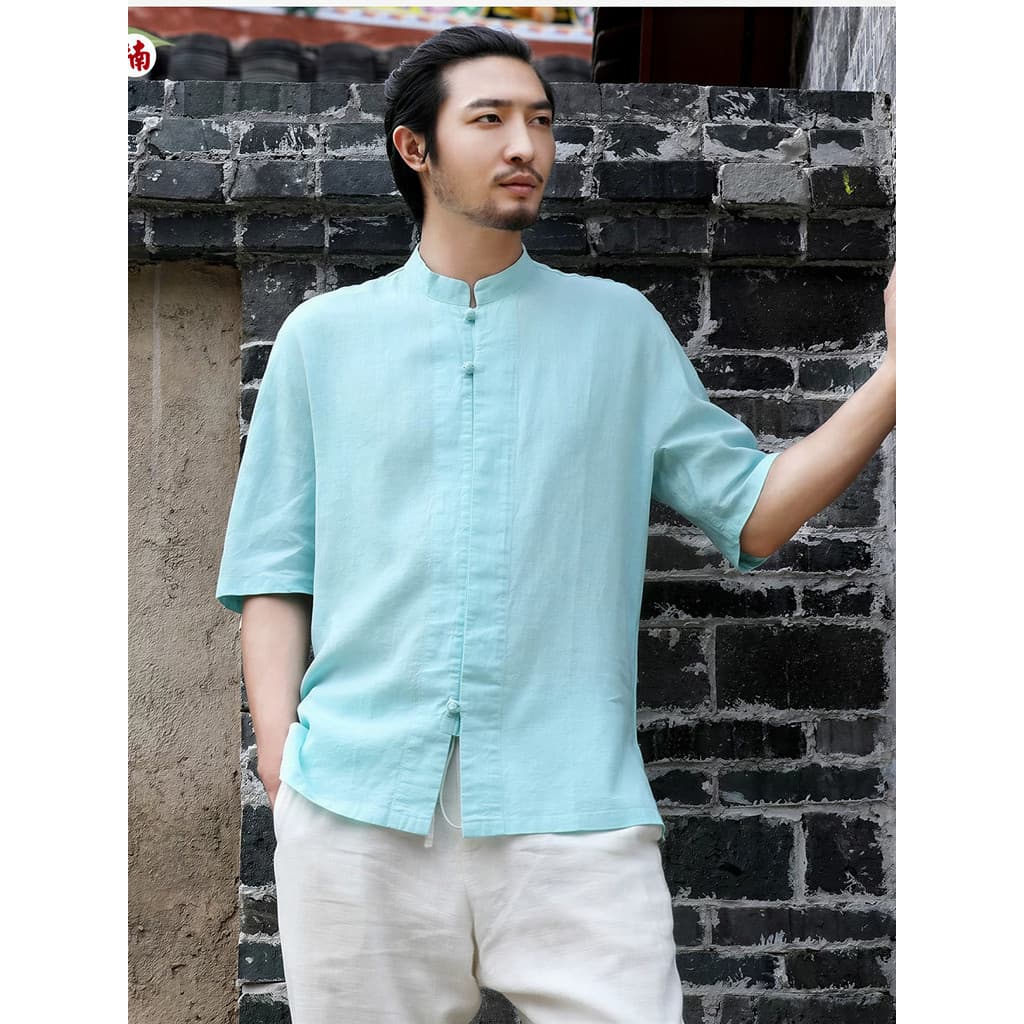 Nan Tang terno roupas masculinas chinesas Ramie camisa fina de manga curta masculina verão camisa de linho completo masc