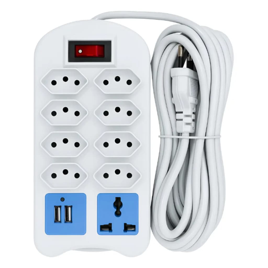 Filtro de Linha Extensão 8 Tomadas 2 Portas USB e 1 Universal Régua de Tomadas 5 Metros
