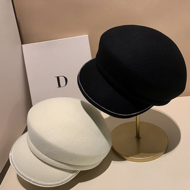 Boné de lã com pico feminino, chapéu de feltro cravejado de diamantes, moda outono inverno, chapéu jornaleiro, rosto tri