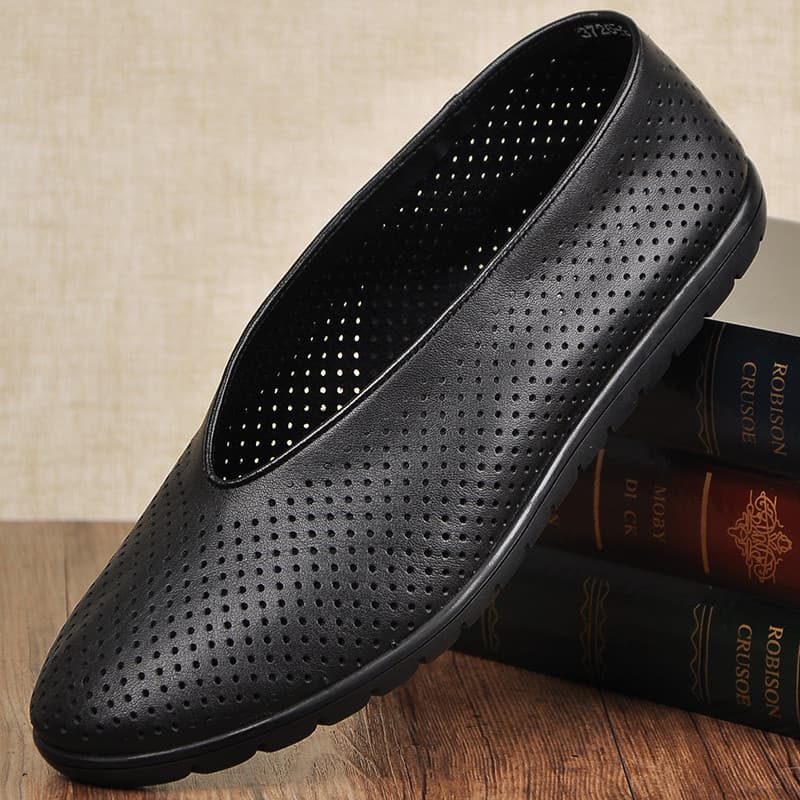 Velho pequim sapatos de pano masculino oco couro toe camada couro preguiçoso buraco sapatos masculinos couro genuíno sol