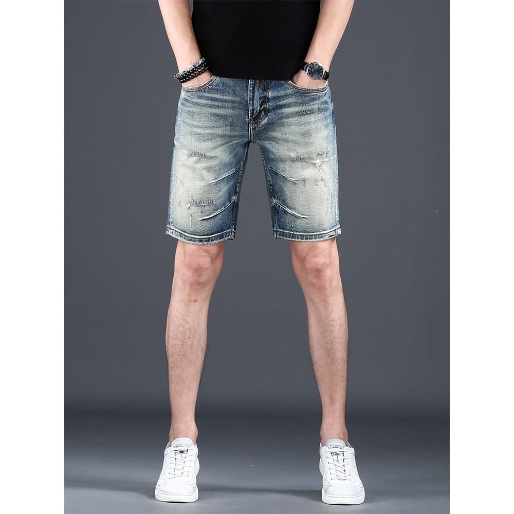 Verão fino Jeans shorts masculino elástico fino-ajuste rasgado 2026 novo estilo masculino High-End na moda shorts