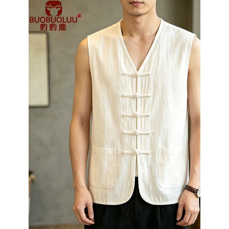 Verão novo estilo estilo nacional colete Tang terno colete de algodão linho abotoado colete Undershirt masculino estilo
