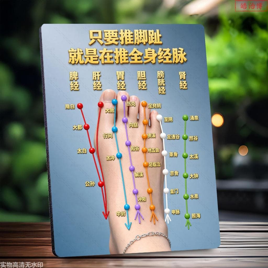 Mapa de acupuntura meridiano dos dedos dos pés, medicina chinesa, conhecimento meridiano, exibição de ciências populares