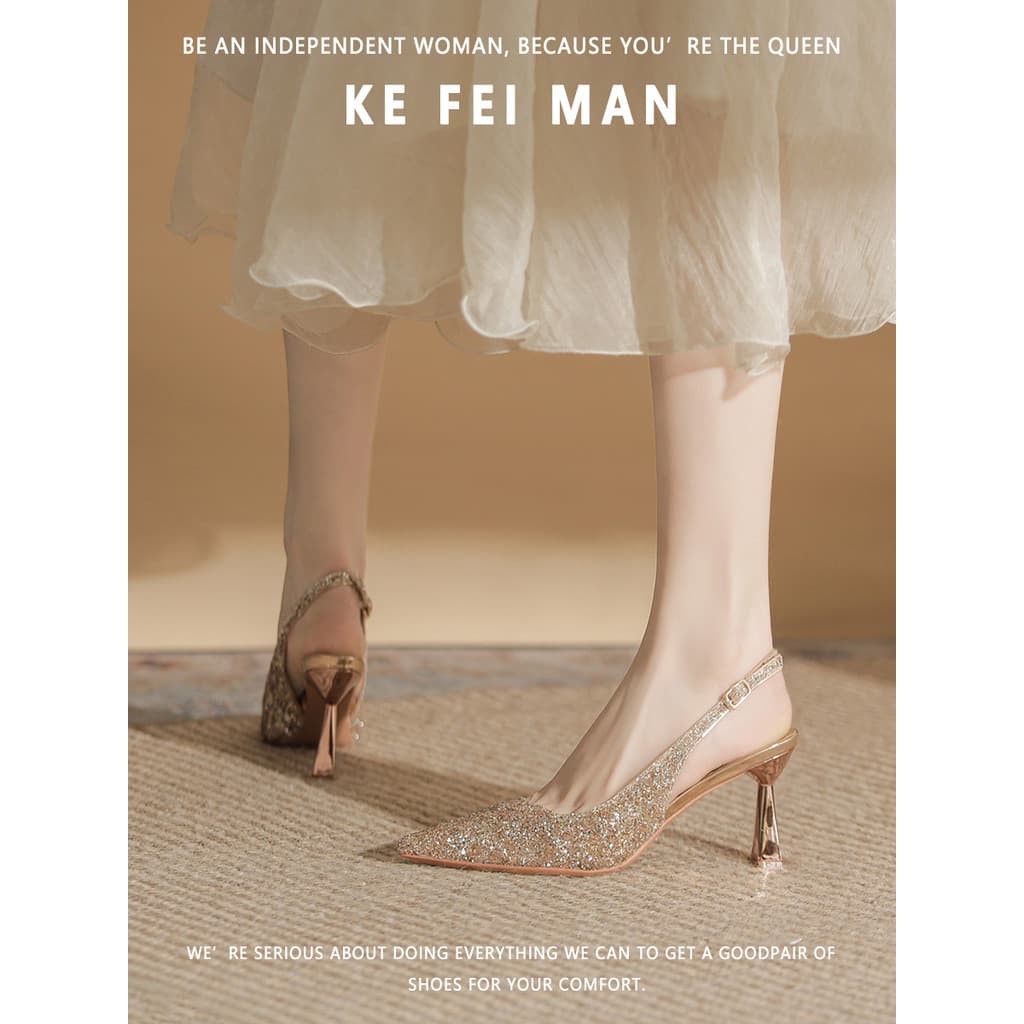 [Kefiman] Lindas sandálias de salto alto femininas verão Toe-coberto sapatos de salto alto Stiletto cristal casamento de