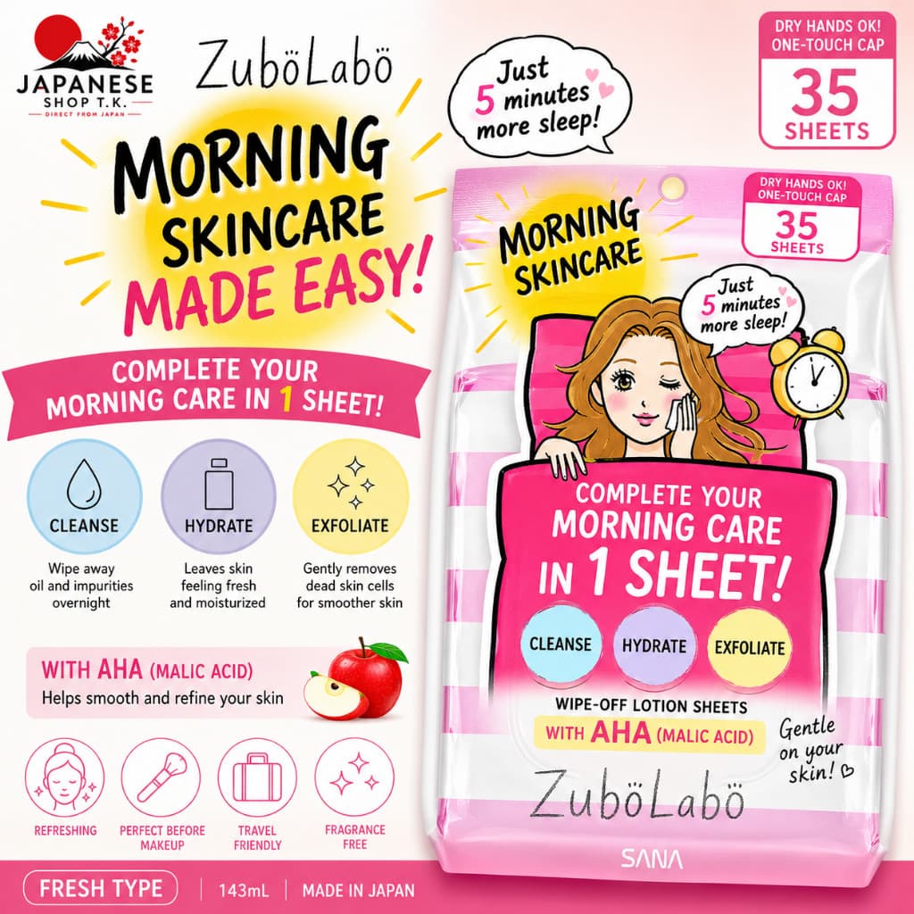 ZuboLabo Morning Wipe-Off Lotion Sheets Fresh Type/Moist Type 35 Sheets 143mL | Japanese Skincare | Cleanse Toner...
