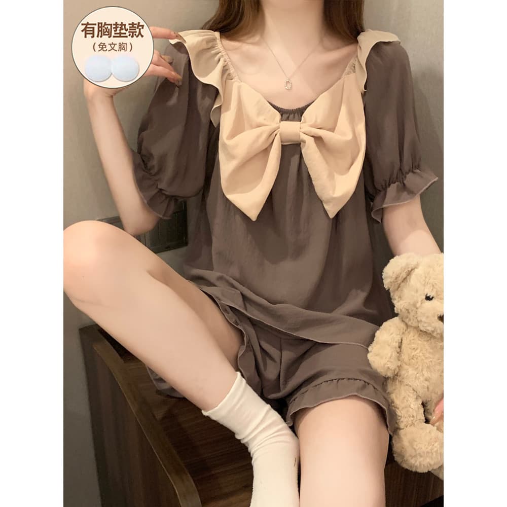 2025 novo estilo pijamas com almofada no peito feminino verão manga curta seda amoreira bonito doce Homewear pode usar f