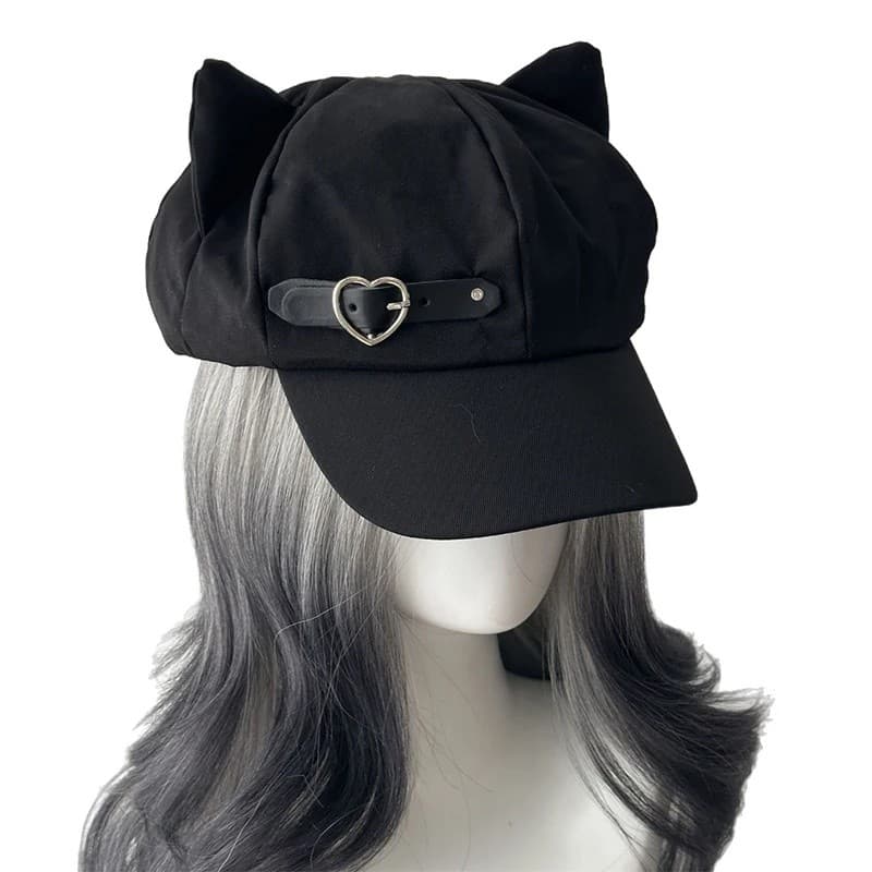 Boina Feminina com Orelhas de Gato Estilo Harajuku Gótico Lolita Y2K Steampunk Punk com Zíper Feita à Mão Chapéu de Sol