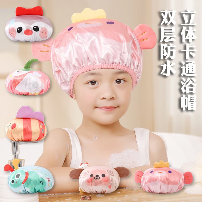 Touca de Banho Infantil 3D com Desenhos Animados, Impermeável de Dupla Camada, Touca de Banho para Uso Doméstico